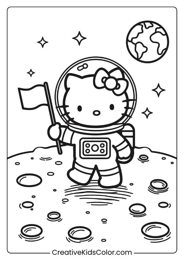 Hello Kitty On A Space Adventure With Craters And Earth Visible, Making This An Out-Of-This-World Coloring Page.