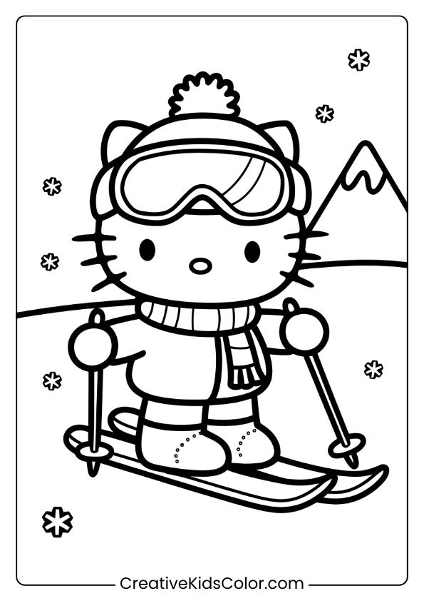 Hello Kitty On A Skiing Adventure In Winter Attire With Snowflakes And Mountains On This Sporty Coloring Page.