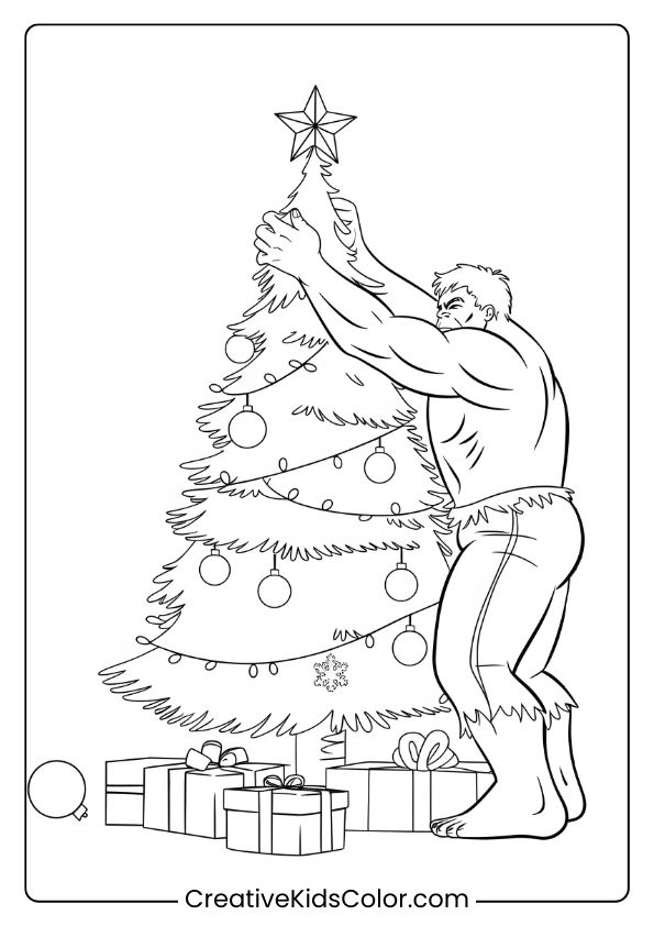 Hulk Places A Star On A Giant Christmas Tree With Gifts Below On This Action-Packed Coloring Page.