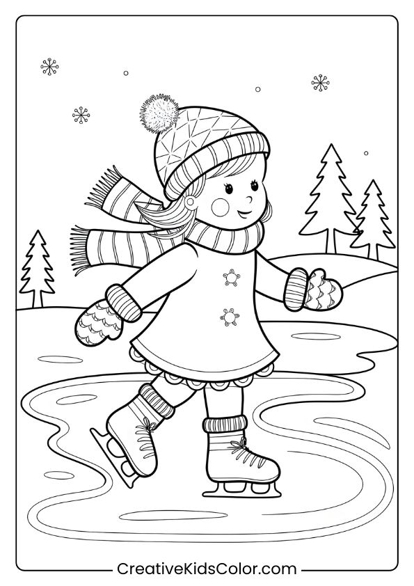 A Young Girl Ice Skates On A Frozen Lake Surrounded By Snow-Covered Trees On This Festive Christmas Coloring Page.