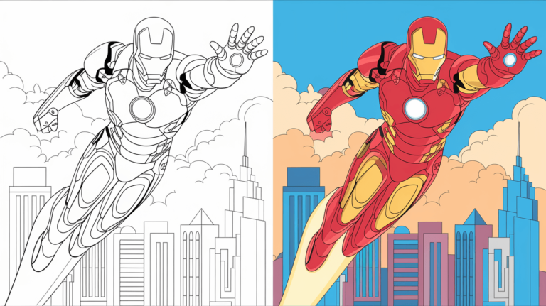 Coloring Page Cover Of Iron Man, Left Side Uncolored, Right Side Fully Colored In His Red And Gold Suit.
