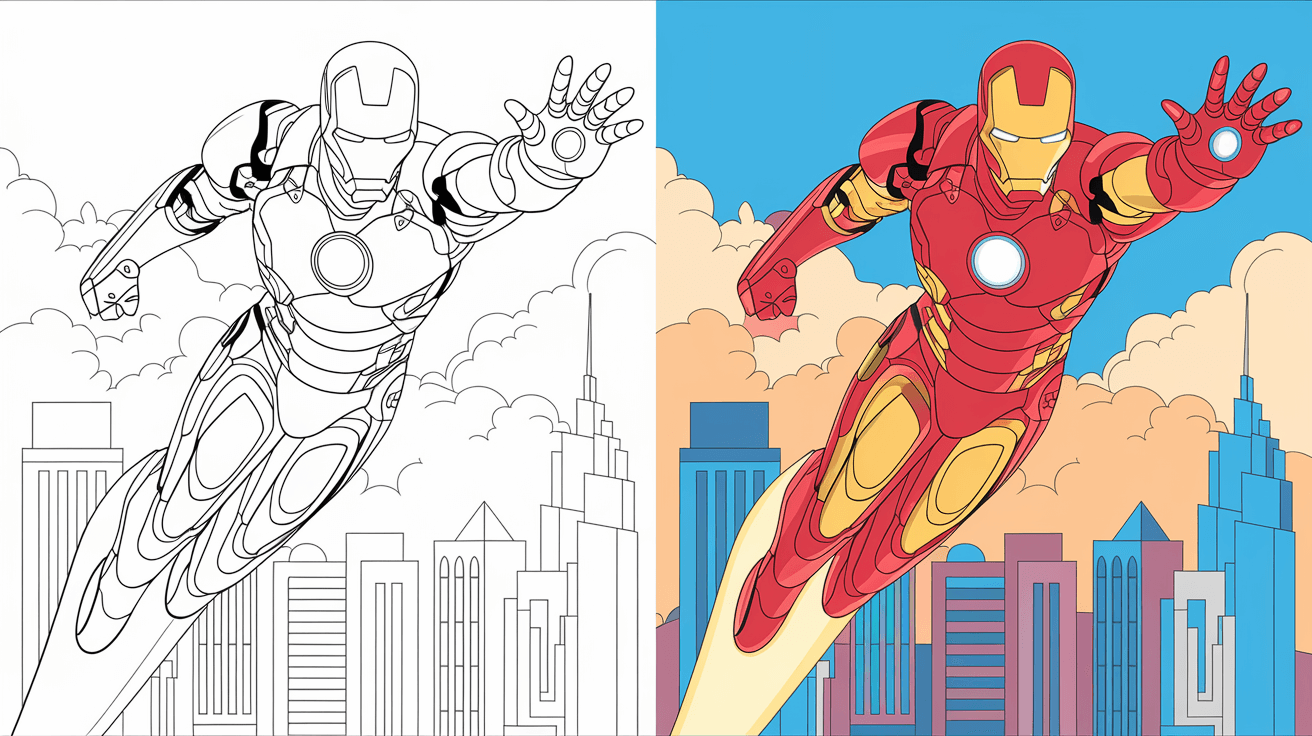 Coloring Page Cover Of Iron Man, Left Side Uncolored, Right Side Fully Colored In His Red And Gold Suit.