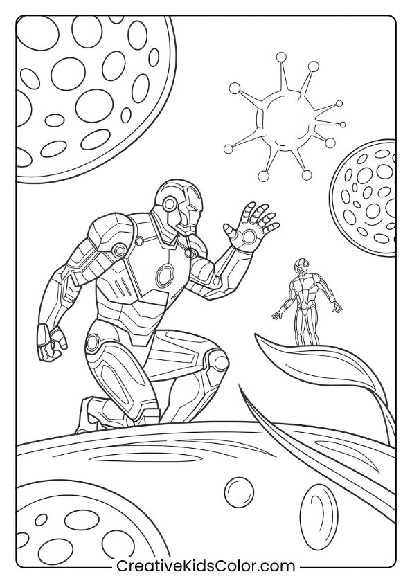 Iron Man And Ant-Man In A Cosmic-Themed Coloring Page, Highlighting The Microscopic World Concept.