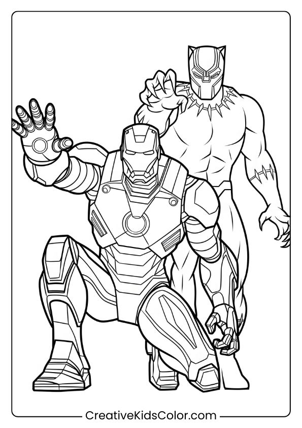 Iron Man And Black Panther On A Secret Mission Coloring Page, With Dynamic Poses And Heroic Detail.
