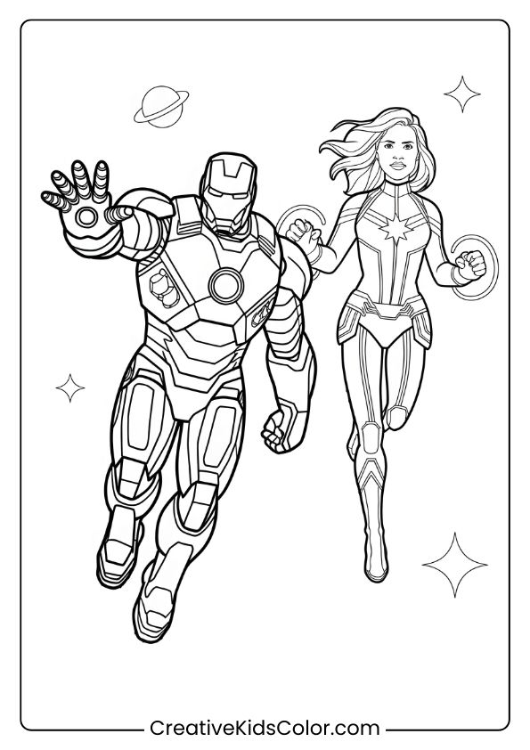 Iron Man And Captain Marvel On A Space Quest Coloring Page, Surrounded By Stars And Planets.