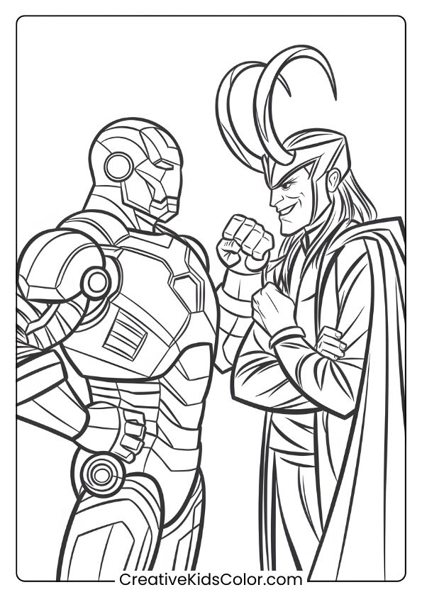 Iron Man And Loki In A Tense Confrontation Coloring Page, With Iconic Armor And Helmet Details.