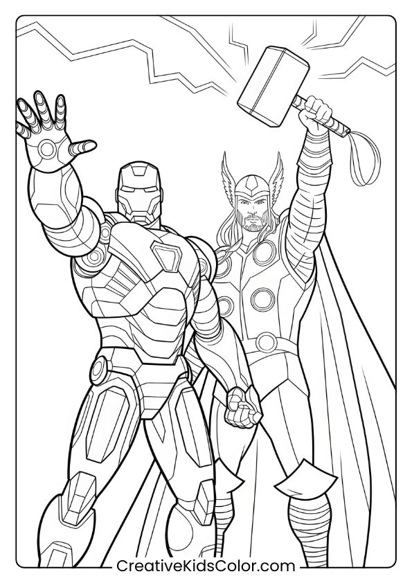 Iron Man And Thor In An Action-Packed Coloring Page, Showcasing Lightning And Detailed Armor.
