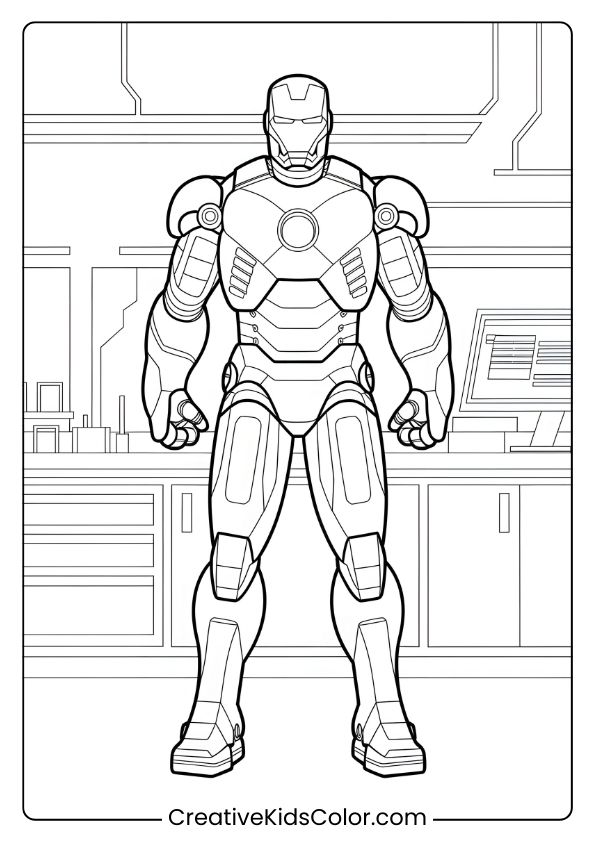 Iron Man In The Stark Industries Lab Coloring Page, Showcasing His Detailed Metallic Armor.