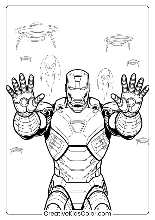 Iron Man Facing An Alien Invasion In A Dramatic Coloring Page, Showcasing His Armored Stance.