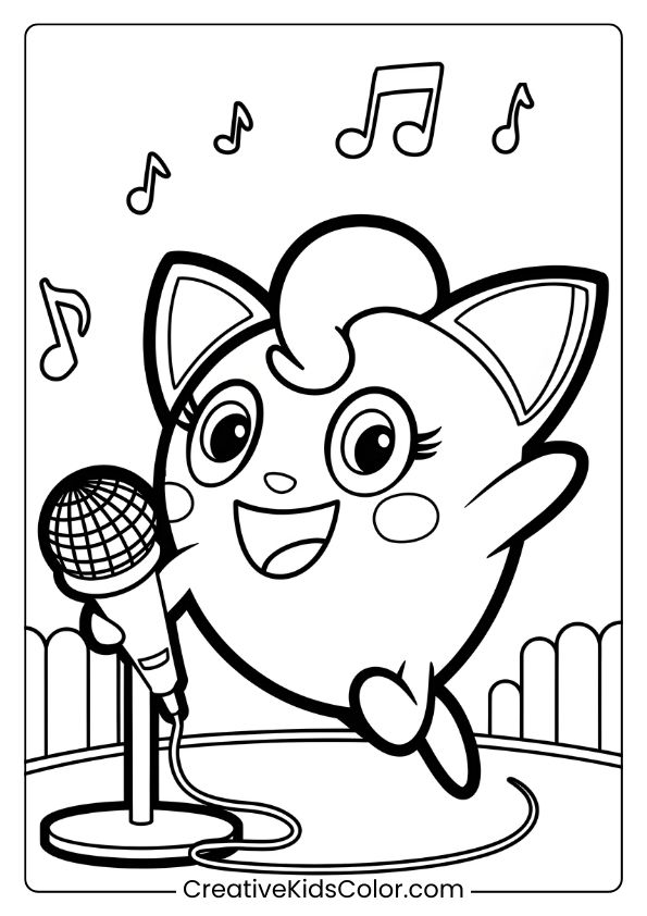 Pokémon Ausmalbild Mit Pummeluff, Das Auf Einer Bühne Singt, Umgeben Von Schwebenden Noten.
