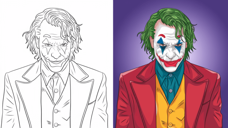 Coloring Page Cover Of Joker, Left Side Uncolored, Right Side Fully Colored In His Red Suit And Signature Makeup.