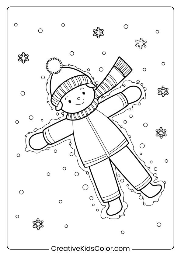 A Child Making A Snow Angel With Winter Attire And Snowflakes On This Playful Christmas Coloring Page.