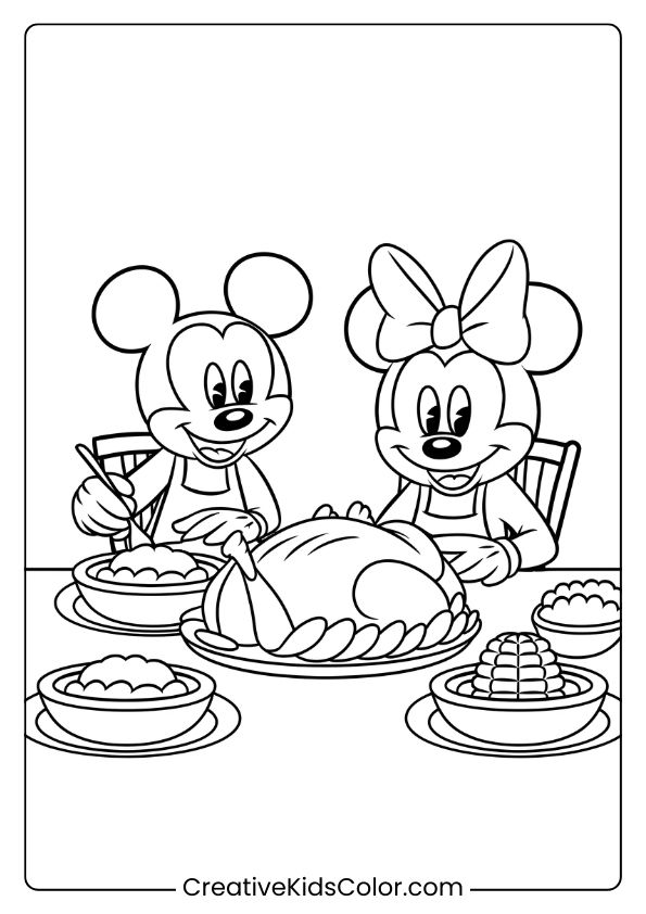 Mickey And Minnie Enjoy A Thanksgiving Feast With Turkey, Corn, And Mashed Potatoes On This Festive Coloring Page.