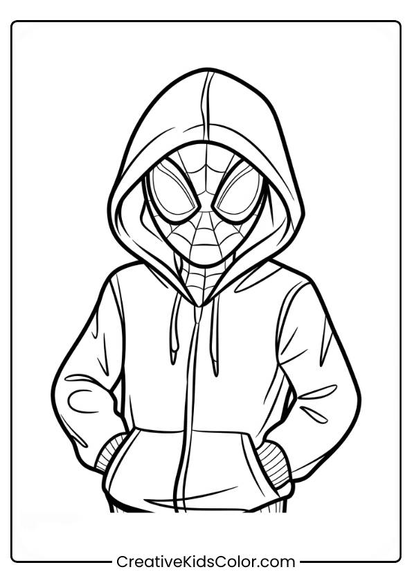 Spiderman Ausmalbild Mit Miles Morales, Der In Einer Kapuzenjacke Und Mit Spinnenmaske Kampfbereit Dasteht.
