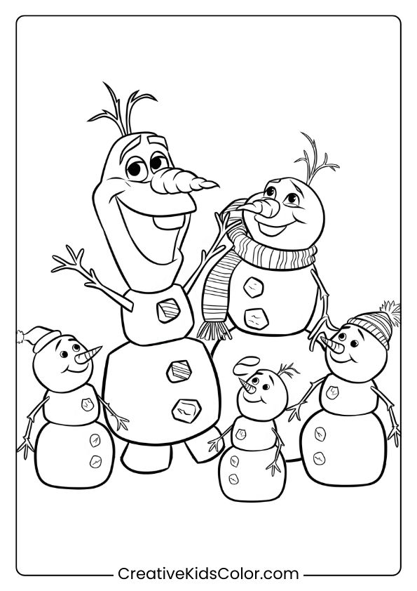 Olaf With A Snowman Family, Bringing Warmth And Joy In This Wintery Christmas Coloring Page.