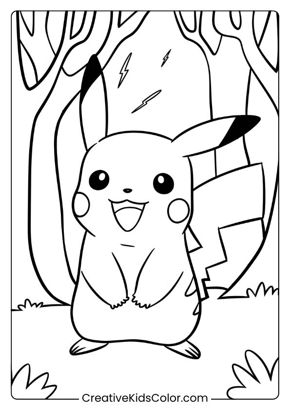 Pokémon Ausmalbild Mit Pikachu In Einem Wald Mit Blitzen, Das Seine Elektrische Kraft Zeigt.
