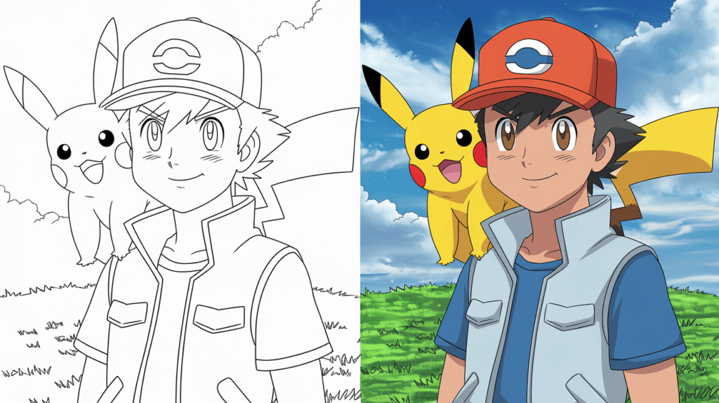 Coloring Page Cover Of Pikachu And Trainer, Left Side Uncolored, Right Side Fully Colored In A Bright Scene.