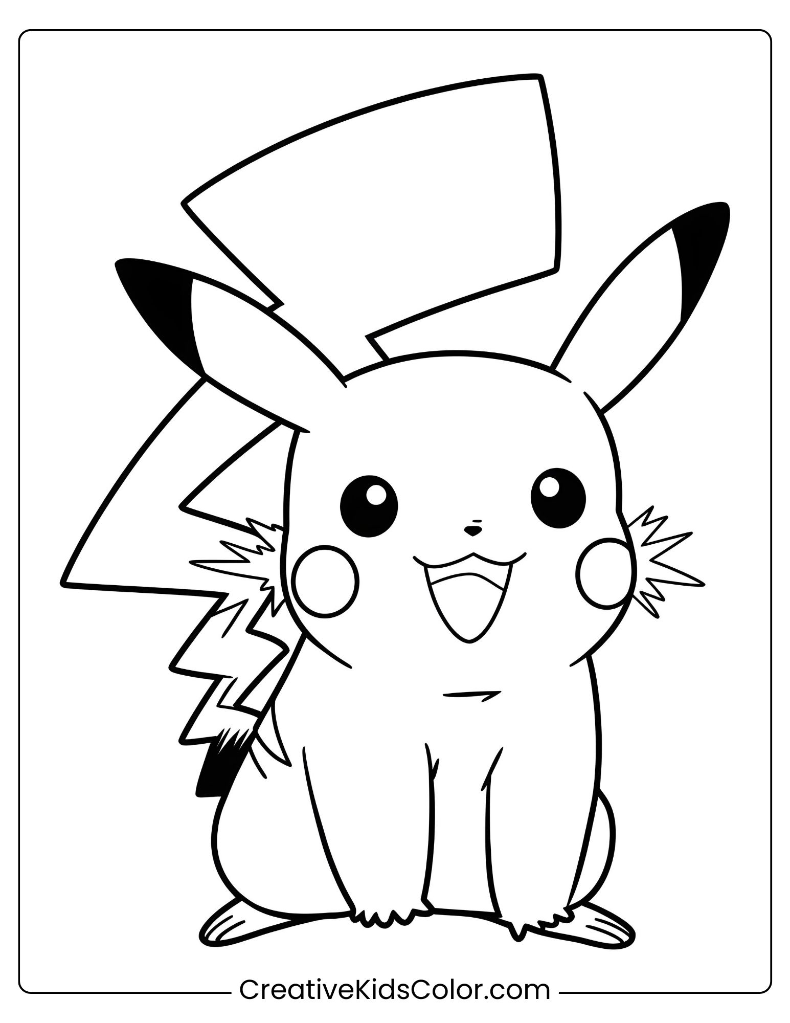Pokémon Ausmalbild Mit Pikachu, Das Fröhlich Sitzt, Sein Blitzschweif Im Hintergrund.
