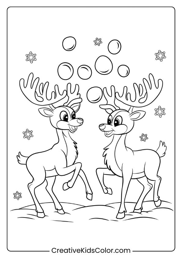 Two Reindeer Frolic In The Snow With Snowflakes And Bubbles In This Winter-Themed Christmas Coloring Page.