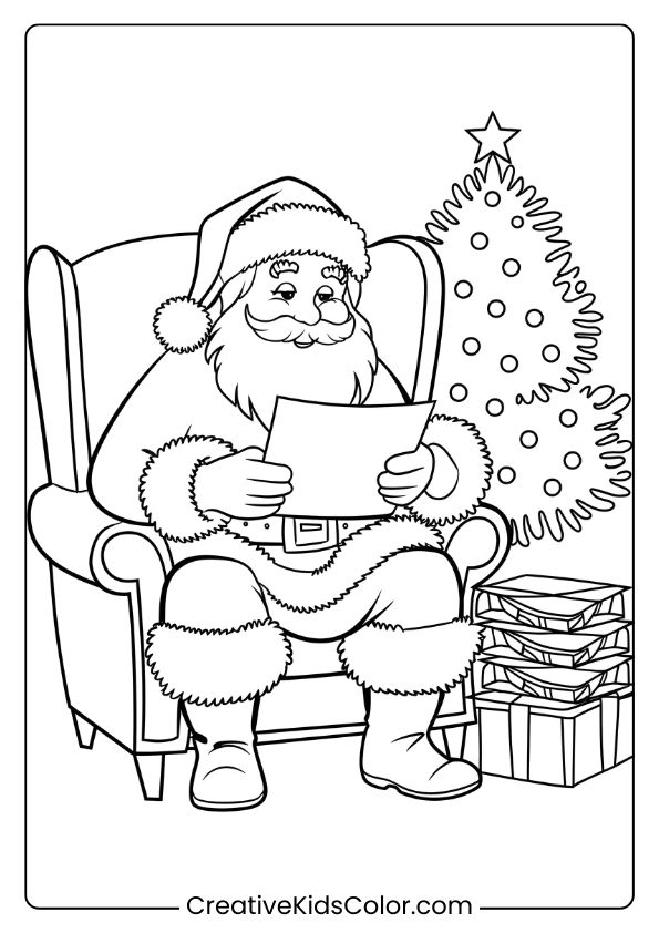 Santa Reading A Christmas Letter By A Decorated Tree With Gifts In This Warm Holiday Coloring Page.
