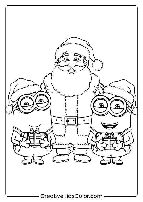 Santa And Minions Making Toys In The Workshop, Surrounded By Gifts On This Festive Coloring Page.