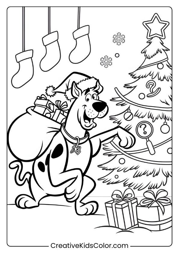 Scooby-Doo With Gifts And A Decorated Tree In A Snowy Setting On This Festive Holiday Coloring Page.