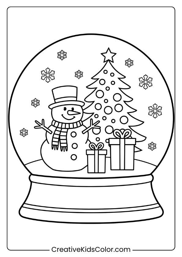 Snow Globe Coloring Page Featuring A Snowman And A Christmas Tree, Perfect For Winter-Themed Coloring Fun.