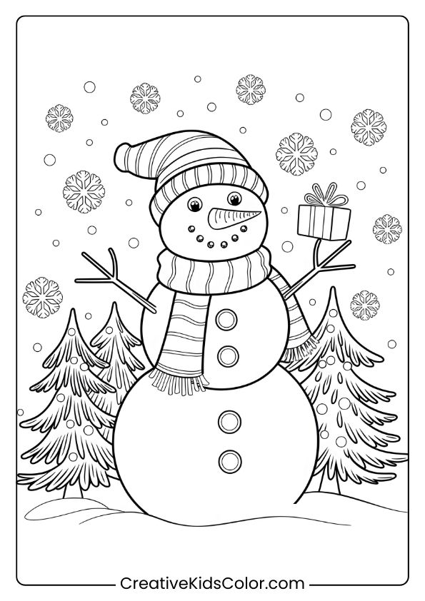 A Snowman With A Hat And Gift, Surrounded By Decorated Trees And Snowflakes, In This Christmas Coloring Page.