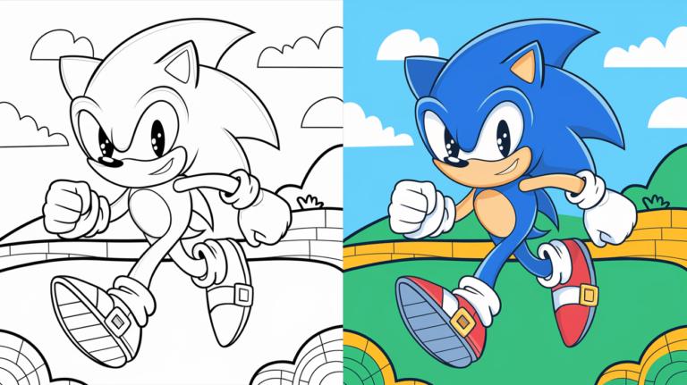Coloring Page Cover Of Sonic, Left Side Uncolored, Right Side Fully Colored In A Fast-Paced Landscape.