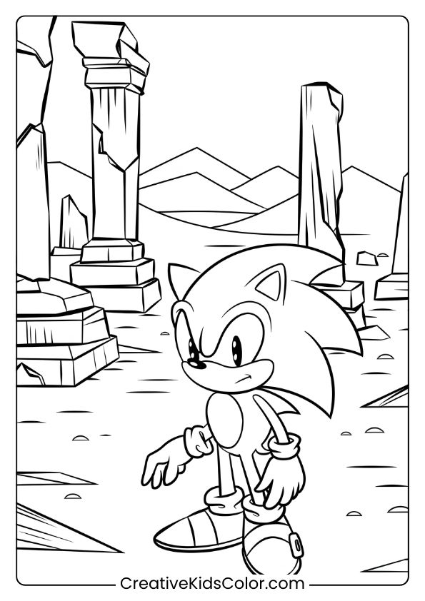Sonic In A Desert With Broken Pillars And Rocky Formations In This Mysterious Coloring Page.