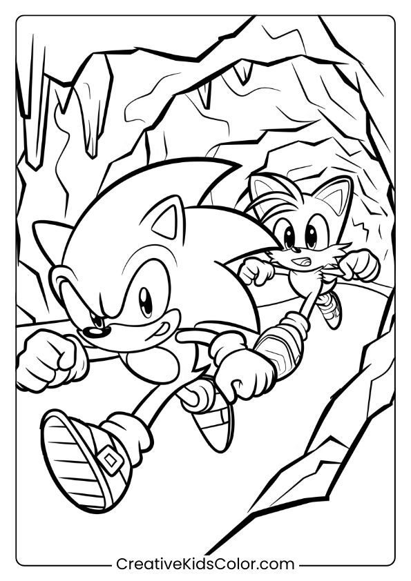 Sonic And Tails Running Through Mystic Cave With Jagged Walls And Stalactites In This Exciting Coloring Page.