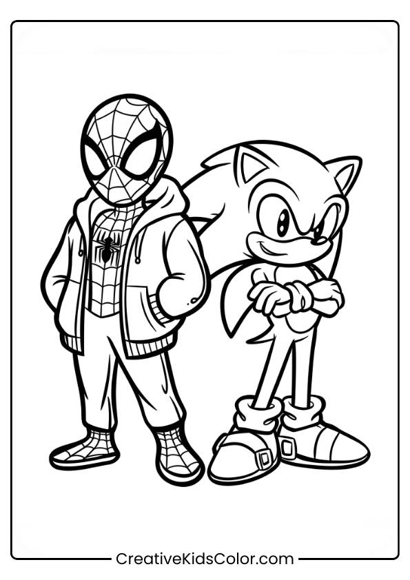 Spiderman Ausmalbild Mit Spiderman In Einem Hoodie, Neben Sonic, Der Sich An Ihn Anlehnt.
