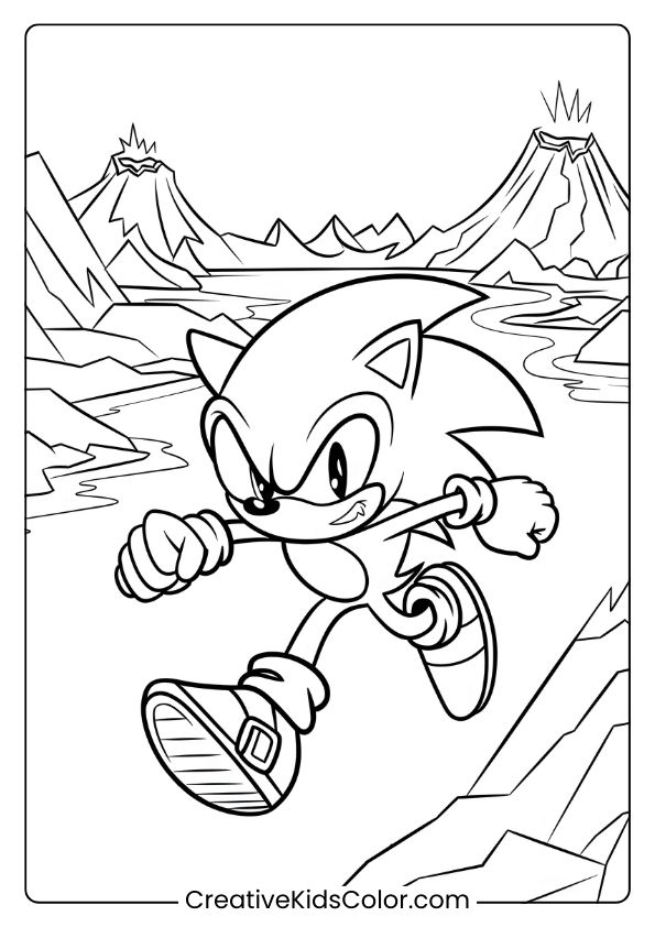 Sonic Running Through Volcano Valley With Fiery Peaks And An Action-Filled Background On This Intense Coloring Page.