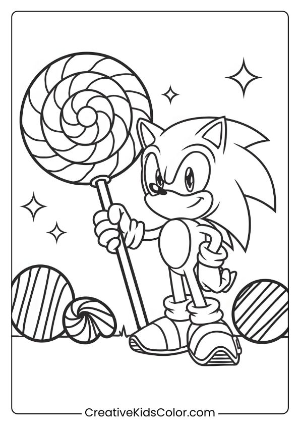 Sonic Holding A Giant Lollipop Surrounded By Candies In This Festive And Sweet-Themed Coloring Page.