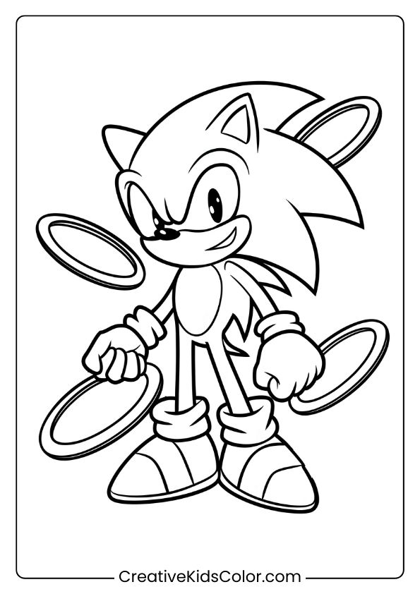 Sonic With Rings Surrounding Him In An Iconic Pose, Highlighting His Speed And Agility On This Bold Coloring Page.