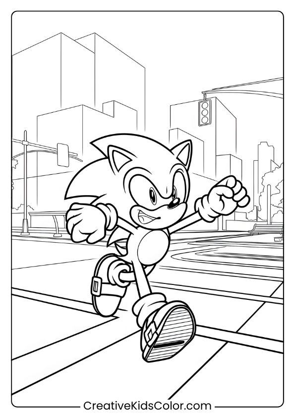 Sonic Running Through City Escape With Buildings And A Cityscape On This Fast-Paced Coloring Page.