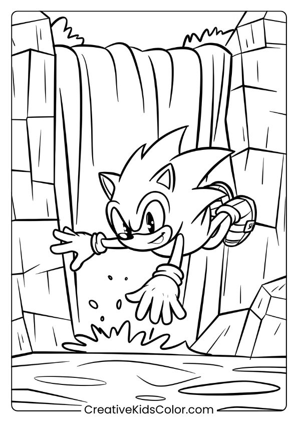 Sonic Mid-Air Diving Off A Waterfall With Rocky Cliffs And Splashing Water On This Exciting Coloring Page.
