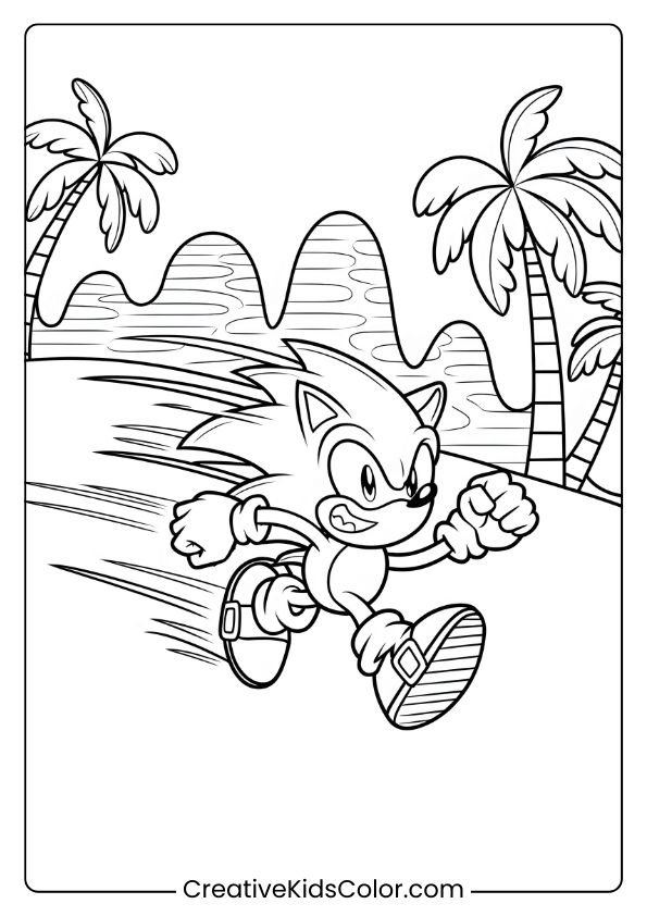 Sonic Running At High Speed Through Green Hill Zone With Palm Trees And Hills In This Action-Packed Coloring Page.