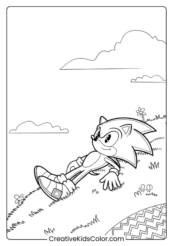 Sonic Lying On A Grassy Hill With Flowers, Gazing At The Clouds On This Peaceful Coloring Page.