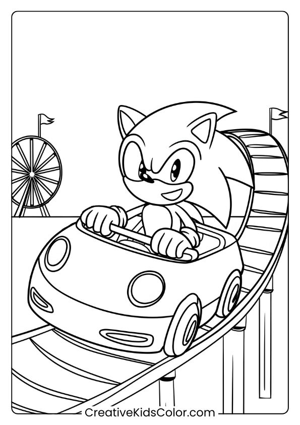 Sonic On A Roller Coaster With A Ferris Wheel In The Background, Enjoying The Amusement Park In This Fun Coloring Page.