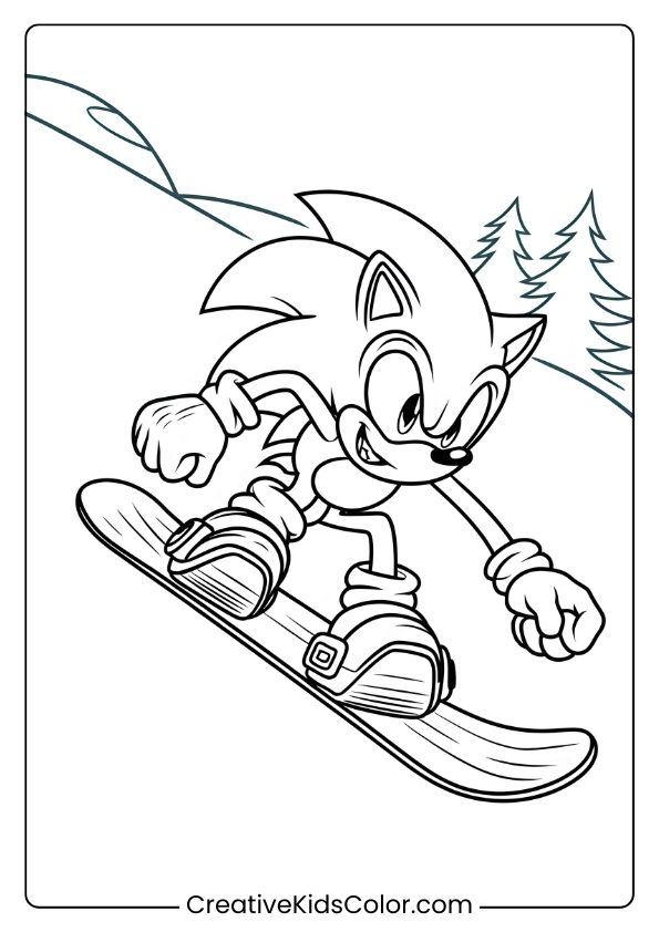 Sonic Snowboarding On A Snowy Slope With Trees And A Clear Sky On This Thrilling Winter Coloring Page.