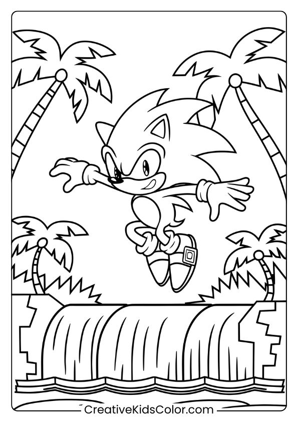 Sonic Jumping Over A Waterfall In Angel Island With Tall Palm Trees On This Adventurous Coloring Page.