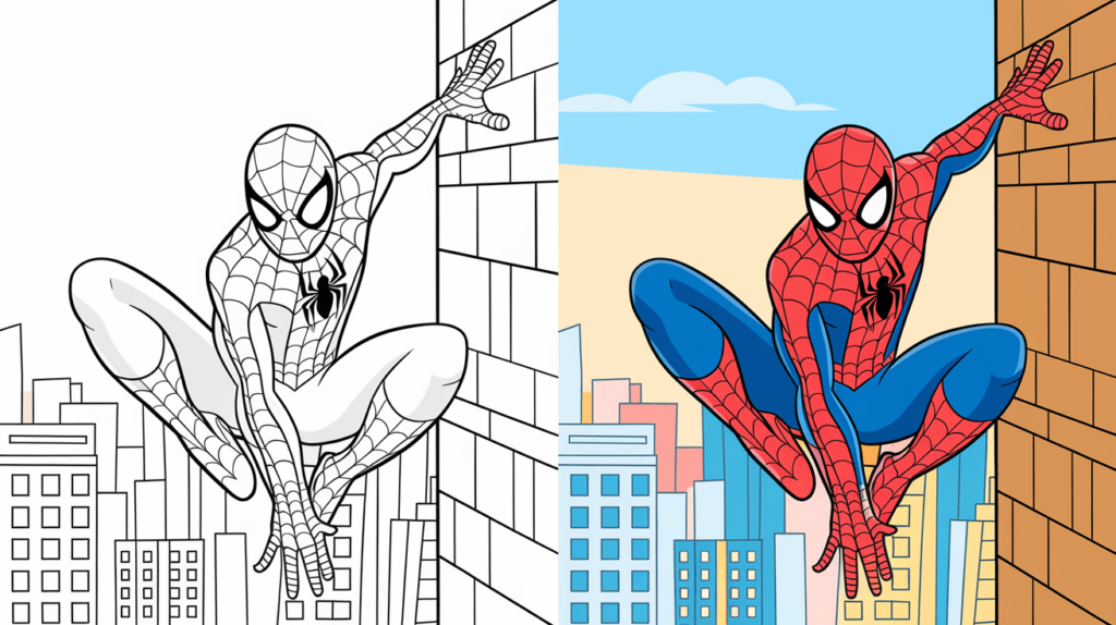 Coloring Page Cover Of Spider-Man, Left Side Uncolored, Right Side Fully Colored In Action Over The City.