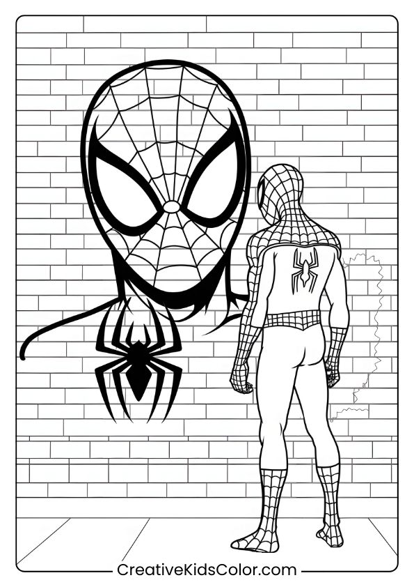 Spiderman Ausmalbild Mit Spiderman, Der Graffiti Seines Eigenen Gesichts Auf Einer Ziegelwand In Brooklyn Betrachtet.
