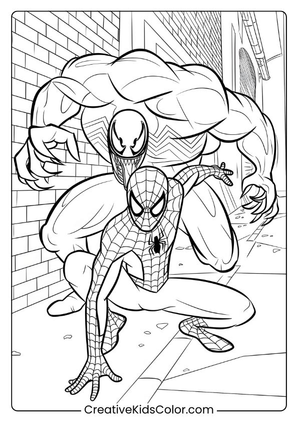 Spiderman Ausmalbild Mit Spiderman Und Venom In Einem Dunklen Gassenkampf, Der Spinnennetzdetails Und Venoms Bedrohliches Aussehen Hervorhebt.
