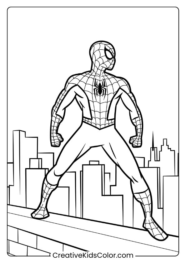 Spiderman Ausmalbild Mit Spiderman, Der Die Stadt In Einer Heroischen Pose Überblickt, Mit Seinem Klassischen Netzanzug Im Fokus.
