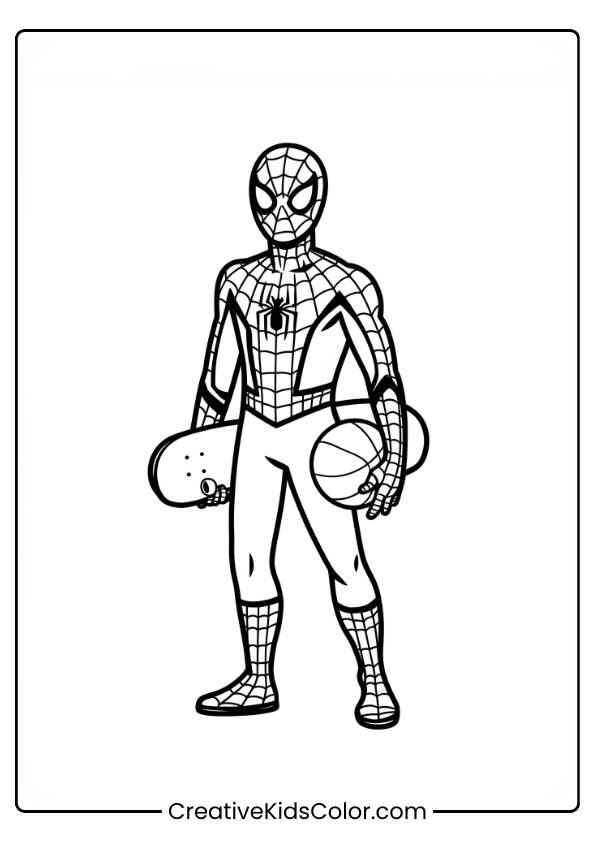 Spiderman Ausmalbild Mit Spiderman, Der Einen Basketball Hält Und Mit Einem Skateboard Posiert.
