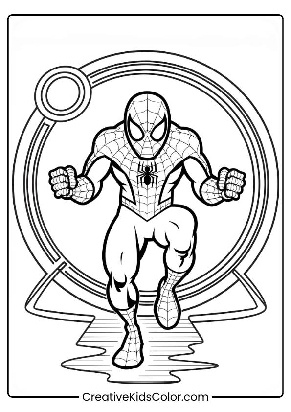 Spiderman Ausmalbild Mit Spiderman In Dynamischer Pose Mit Erhobenen Fäusten, Vor Einem Portal.
