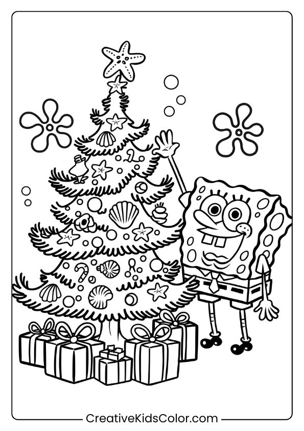Spongebob With A Sea-Themed Christmas Tree And Gifts In This Festive Underwater Coloring Page.
