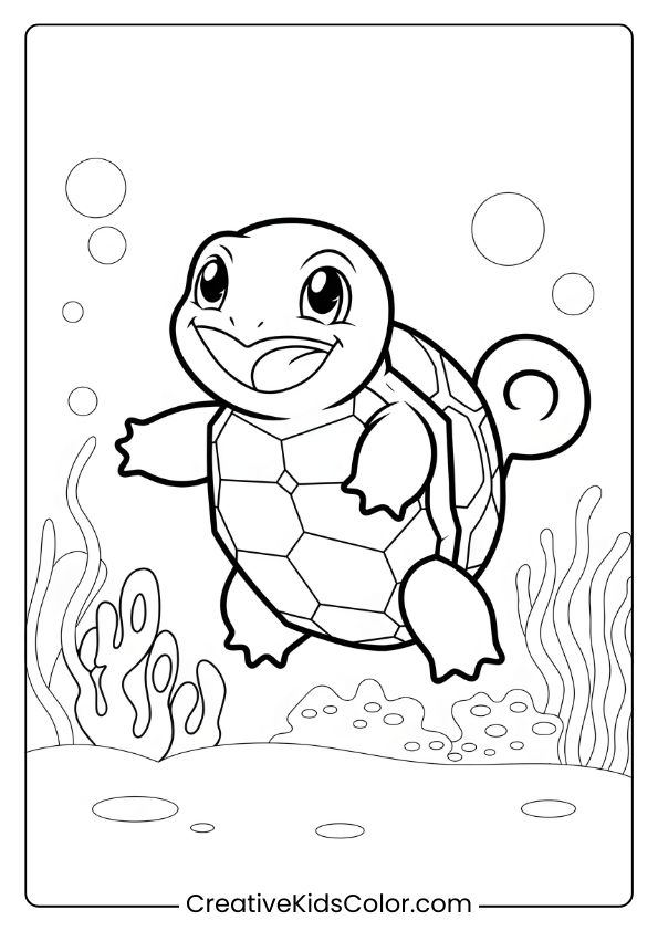 Pokémon Ausmalbild Mit Schiggy, Das Unter Wasser Zwischen Blasen Und Meerespflanzen Schwimmt.